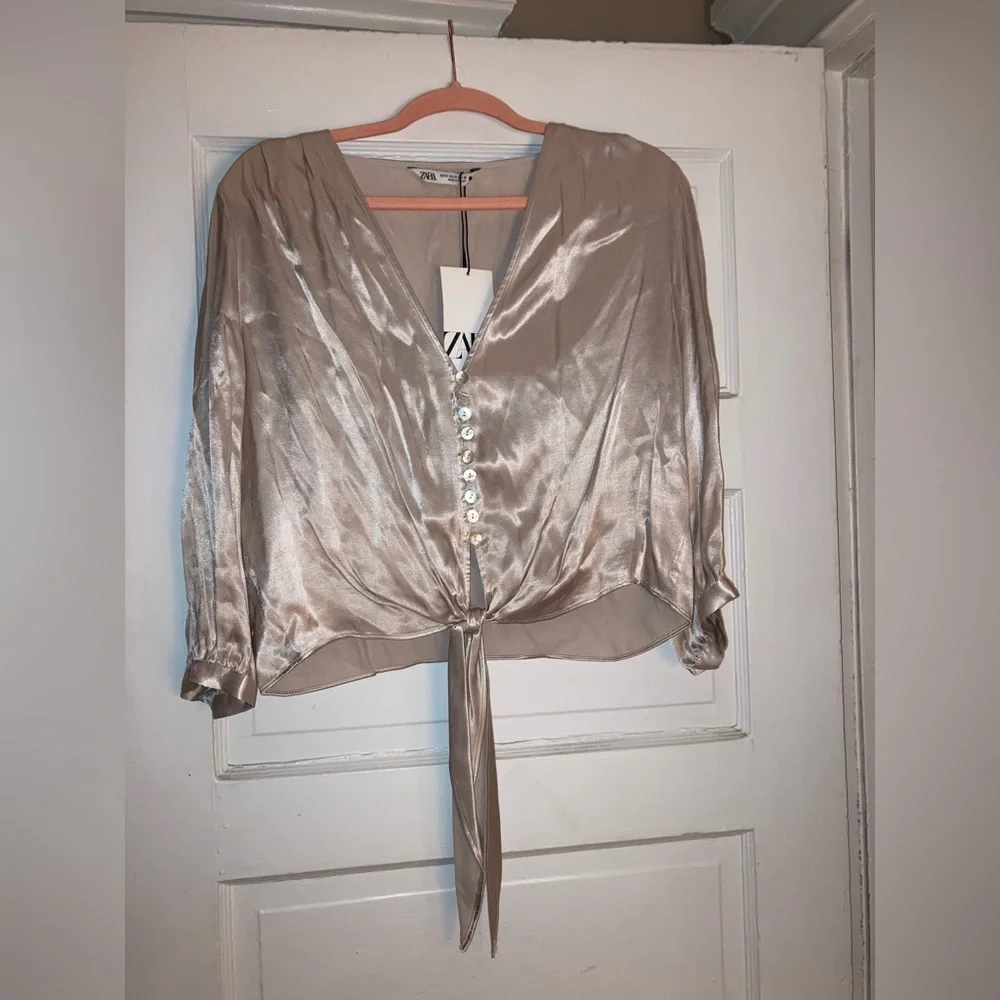 Zara Silky Champagne colored tie blouse Medium
NWT - Picture 3 of 3